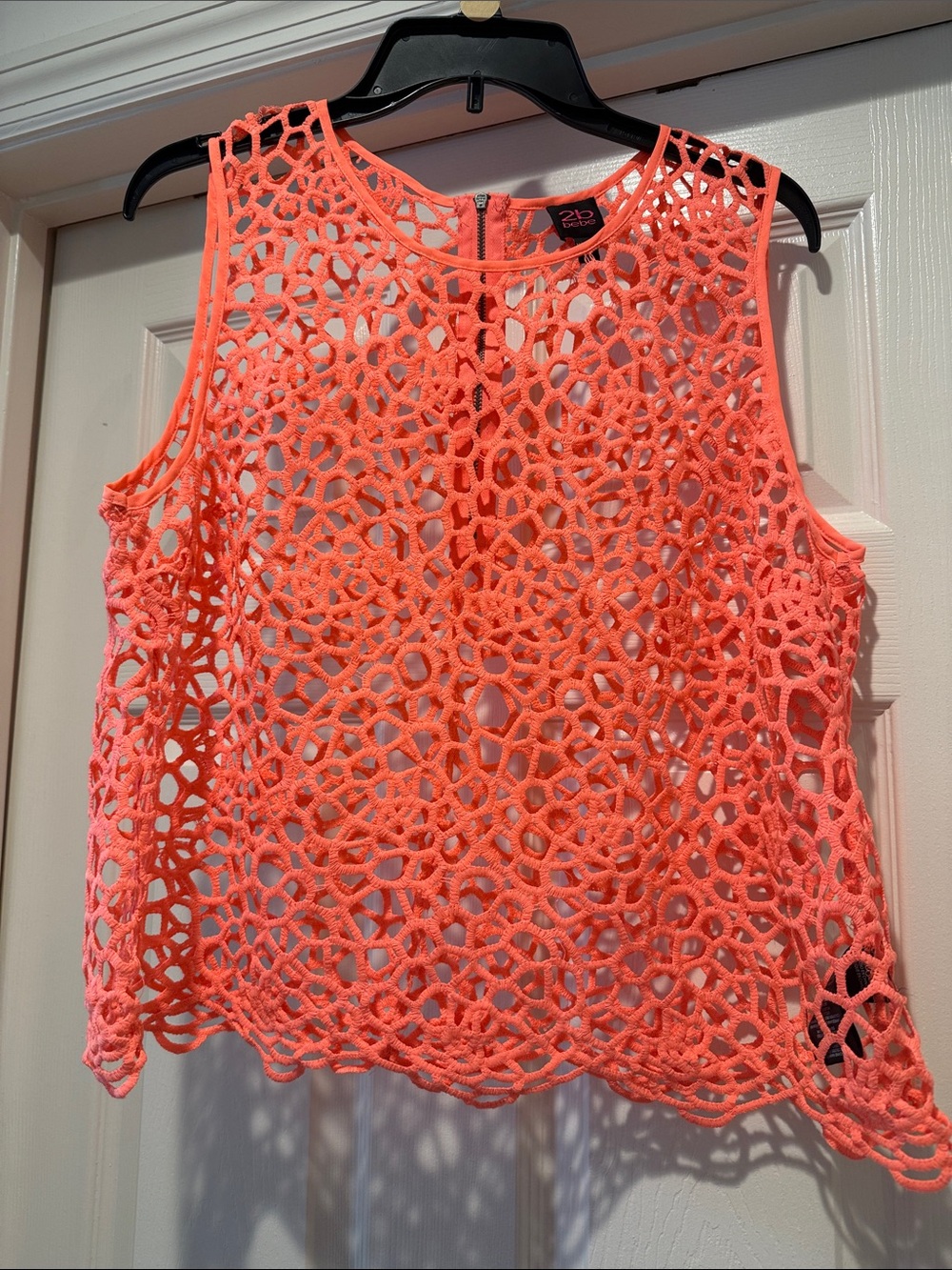 Beach Party Summer Neon Coral Crochet Tank Top Bikini Cover Up Zippered Back XL - Picture 2 of 11